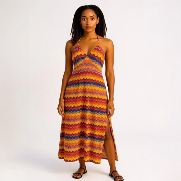 Wild Fable Maxi Dress Womens XL Colorful Crochet Bodycon Gown Tie Neck Boho - Picture 1 of 16